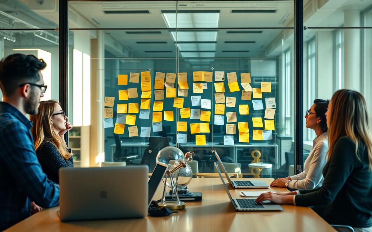 Team in workshop che pianifica una roadmap AI su una parete di post-it